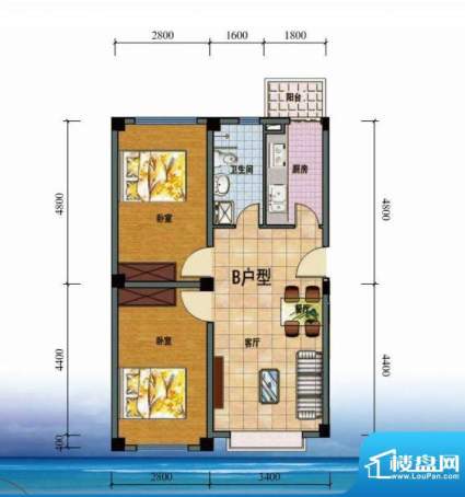 怡海馨苑B户型图 2室面积:70.44平米