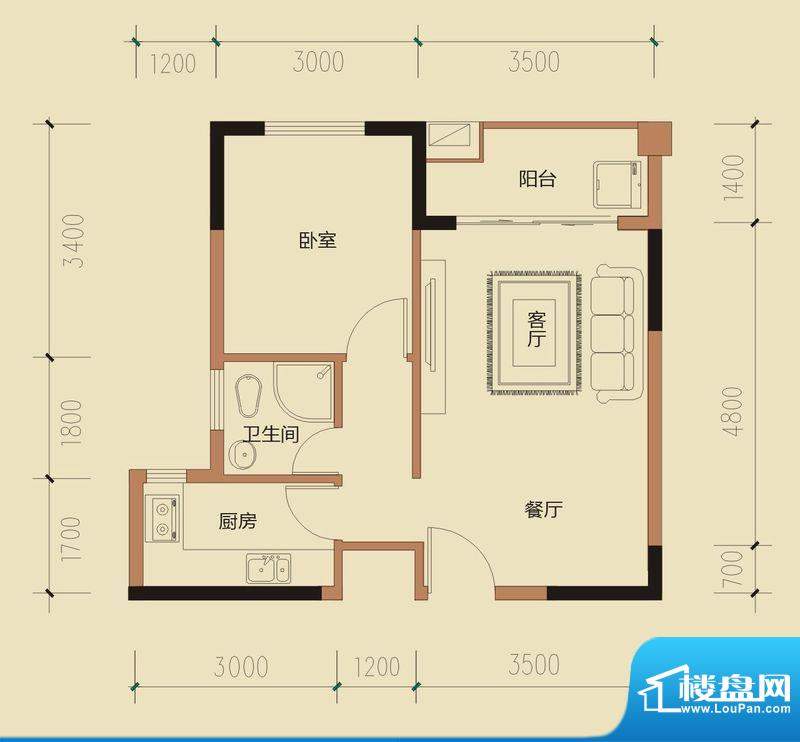 万泉森邻D2户型 1室面积:51.34平米