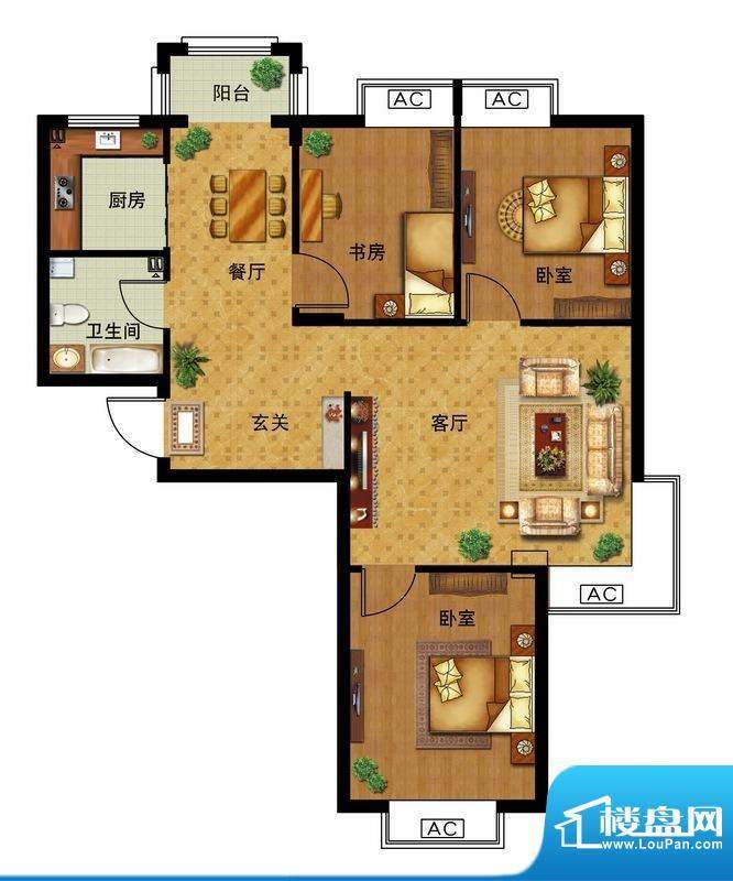 瀛洲宁海A户型图 3室面积:93.00平米