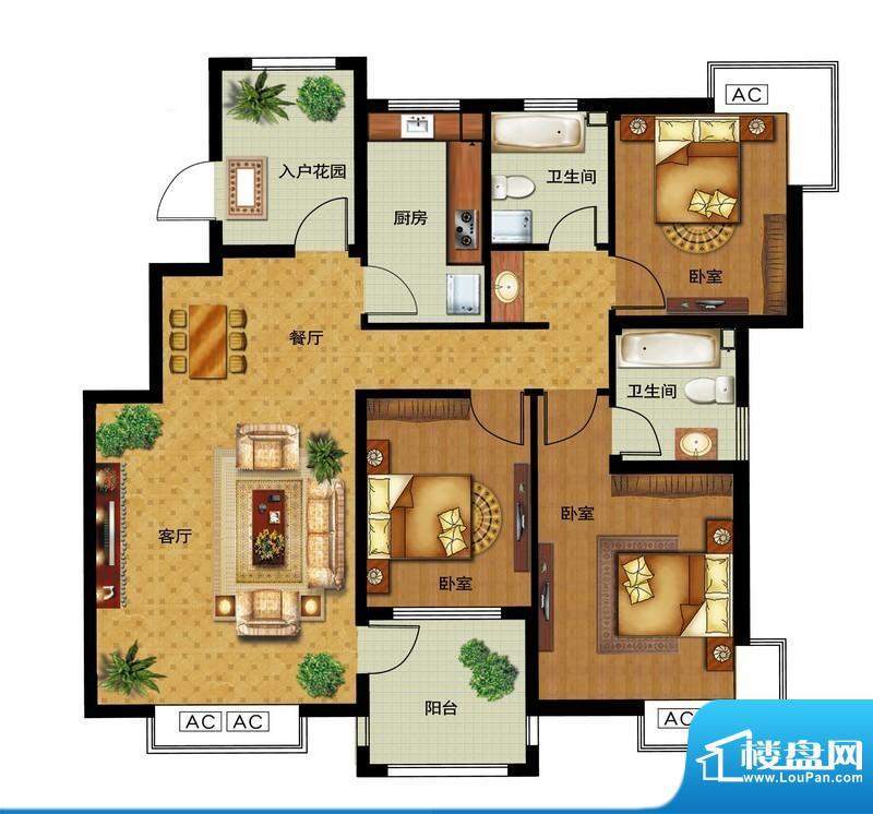 瀛洲宁海C户型图 3室面积:125.00平米