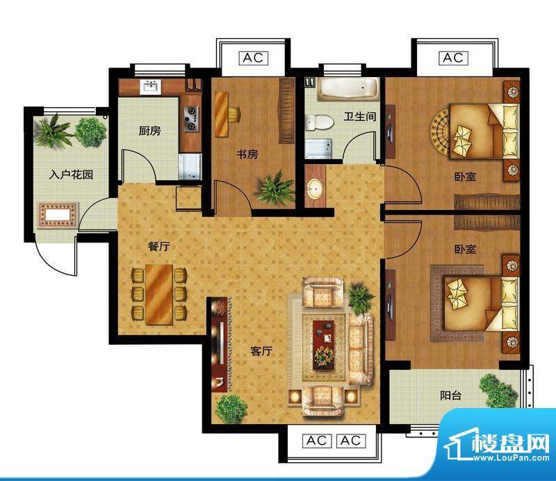 瀛洲宁海D户型图 3室面积:96.00平米