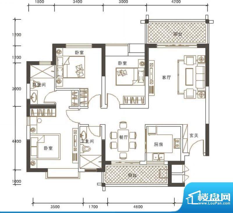 大拉长寿谷A2户型图面积:125.31平米