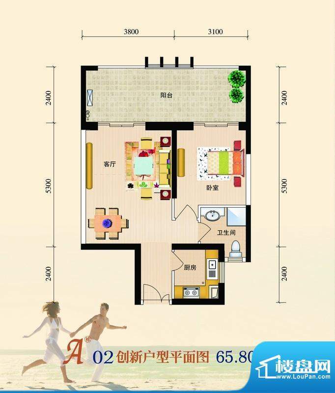 银滩雅园A02创新户型面积:65.80平米