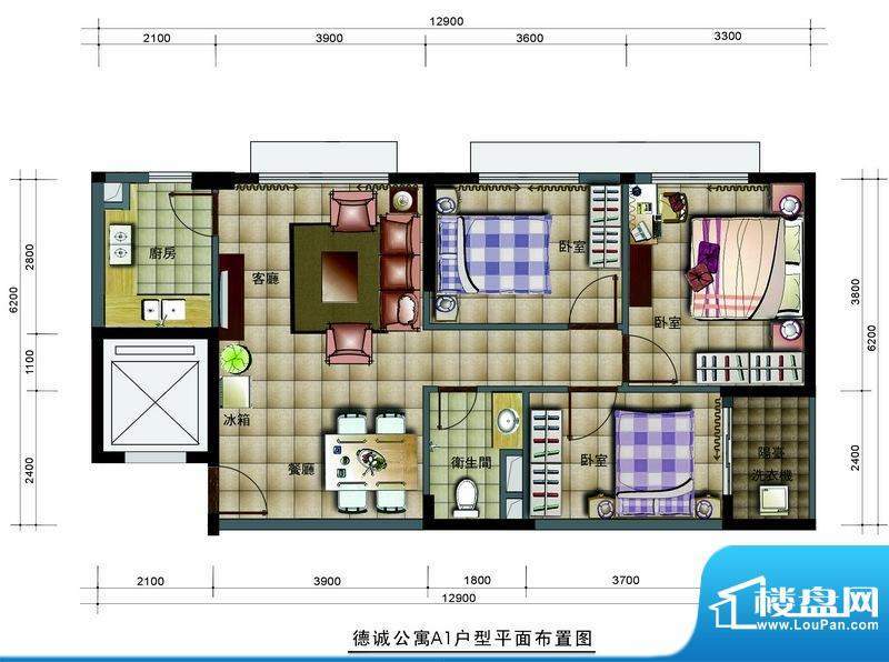 德诚公寓A1户型平面面积:86.06平米