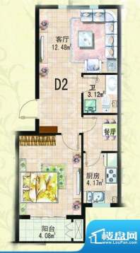 湖光豪景D2户型图 1面积:57.68平米