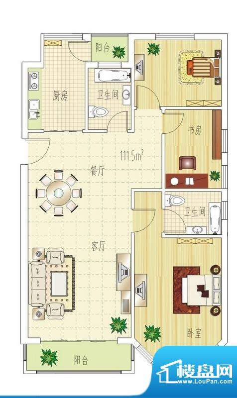 双良福源B户型图 3室面积:111.50平米