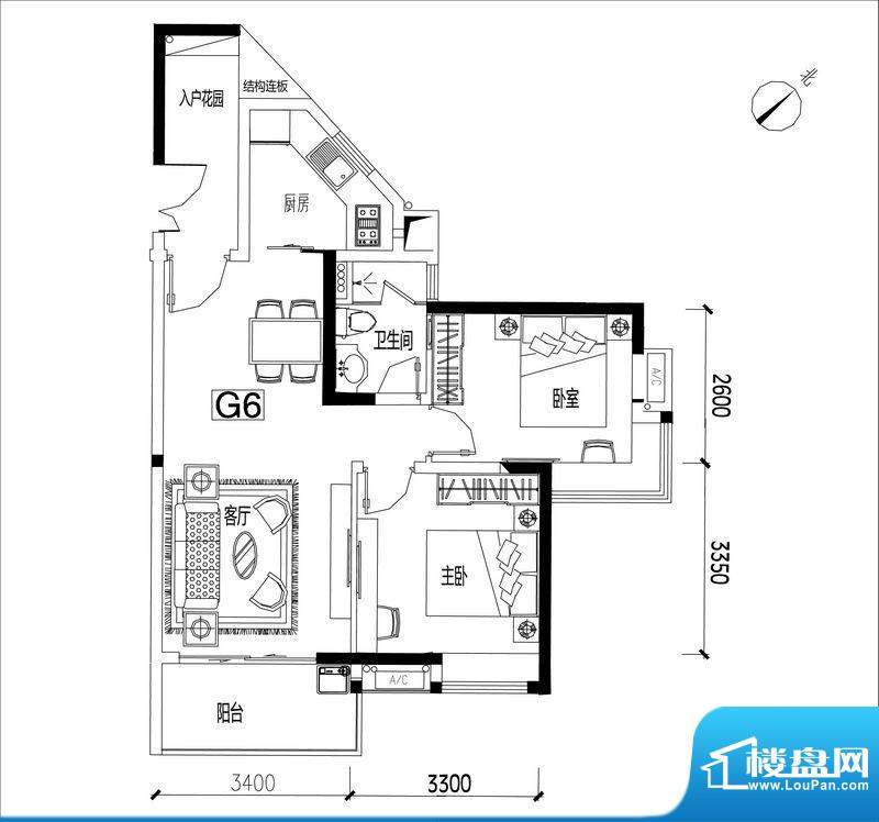 君华香柏广场G6 2室面积:77.19平米