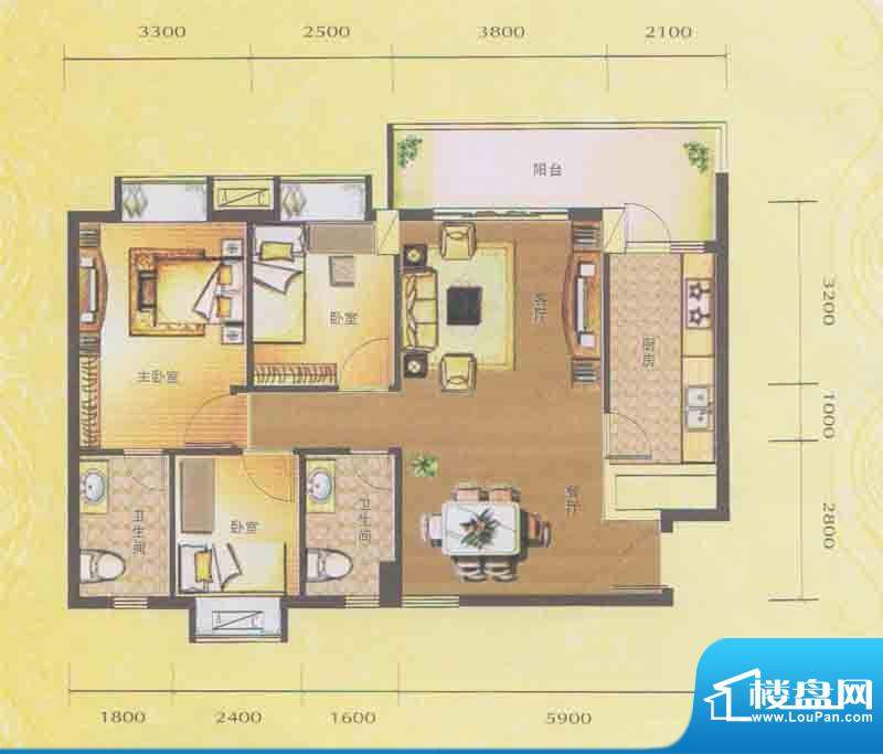 水木箐华D1户型 3室面积:92.30平米