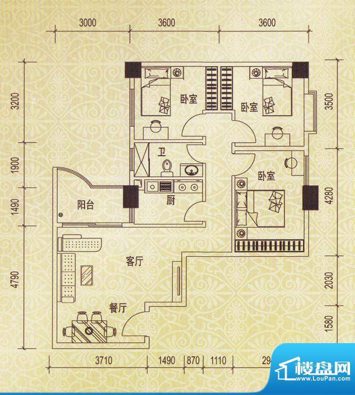 天河豪景05户型 3室面积:93.98平米