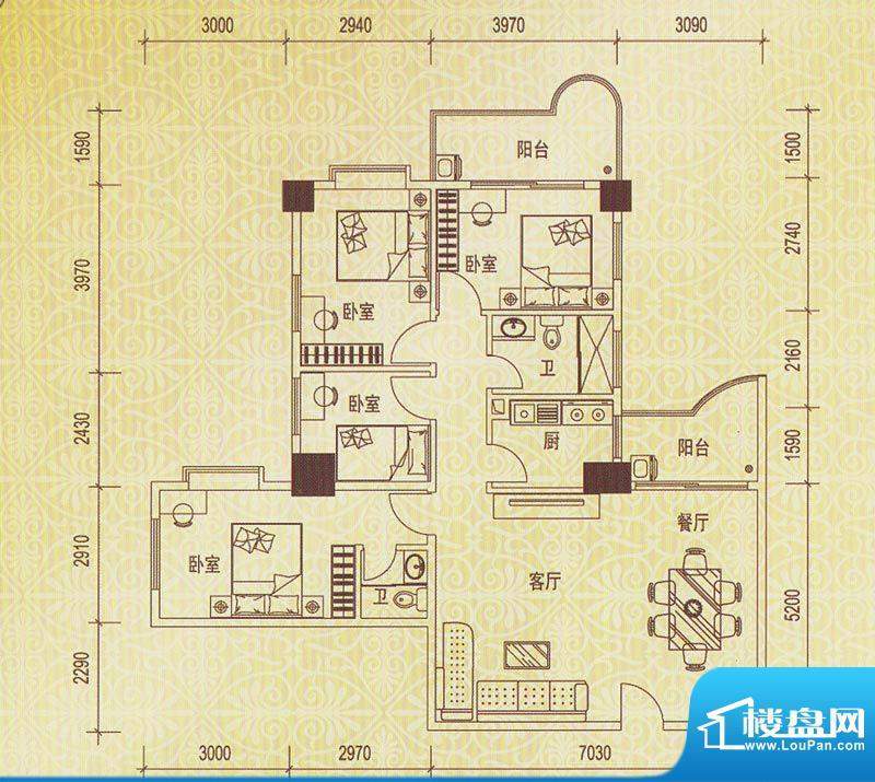 天河豪景02户型 4室面积:129.31平米