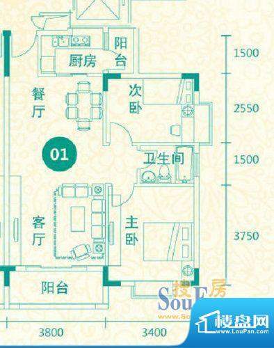 翡翠城14-17栋01户型面积:82.04平米