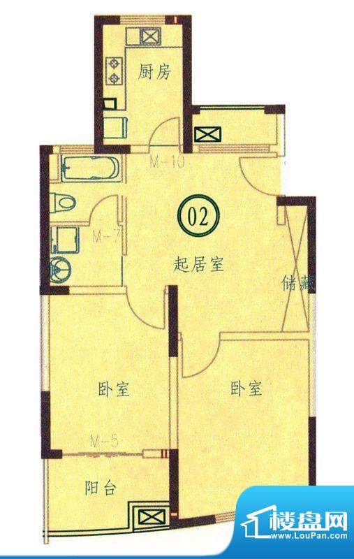丽江苑F户型 2室1厅面积:90.00平米