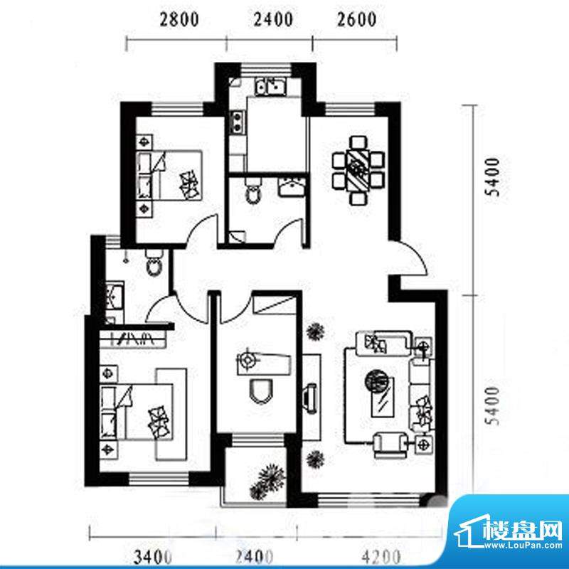 绿色家园F户型 3室2面积:107.59平米