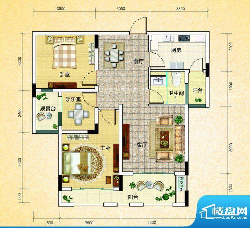 中建悦海和园E户型图面积:96.00平米