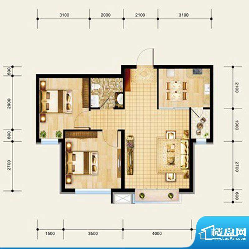 新城御景A3户型 2室面积:74.00m平米