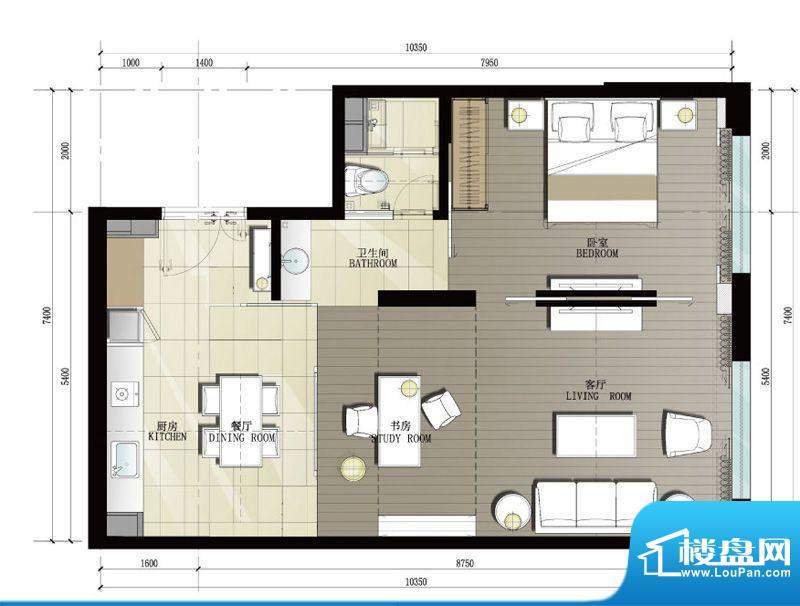 晋合公寓3#C户型 2室面积:89.00平米