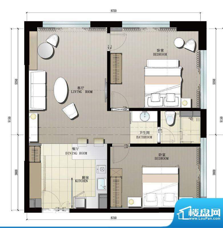 晋合公寓3#A户型 2室面积:104.00平米