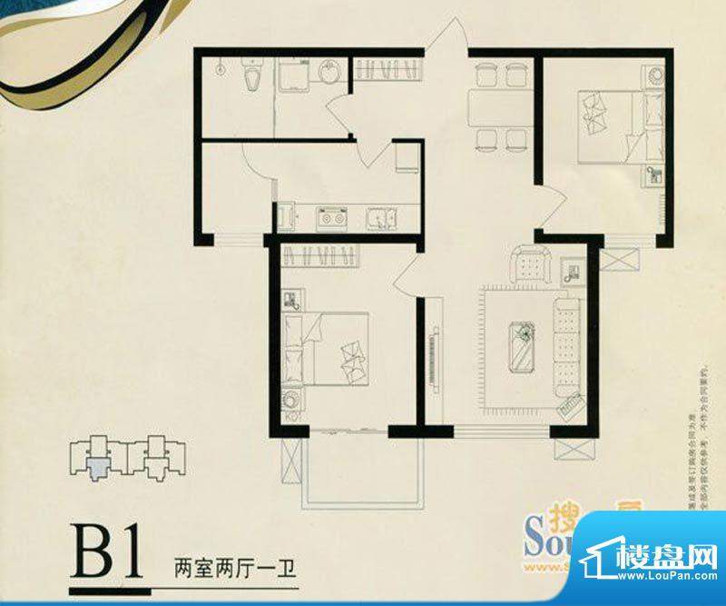 鑫和星都B1户型 2室面积:96.00m平米