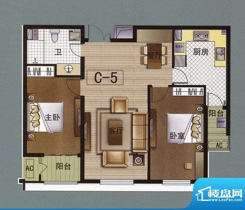 华中国宅华园C-5户型面积:108.76m平米