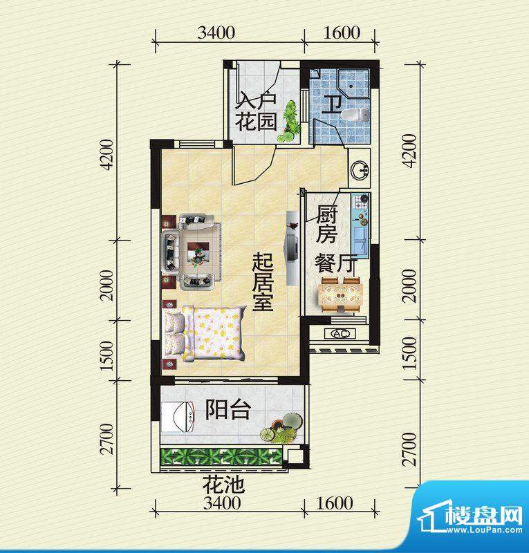 珠江花园A户型图 1室面积:43.00平米