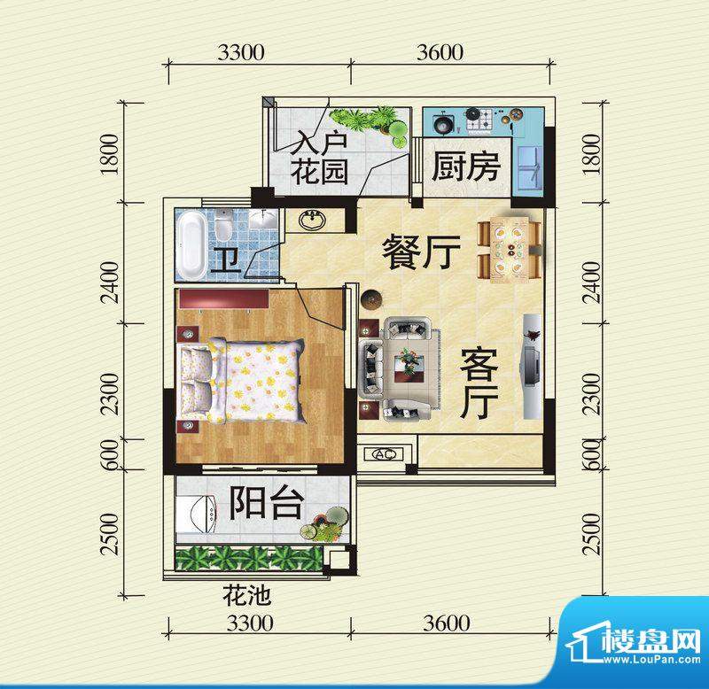 珠江花园B户型图 1室面积:53.00平米
