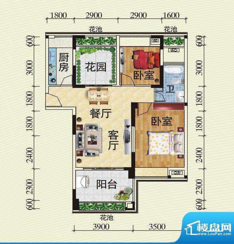 珠江花园C户型图 2室面积:84.00平米