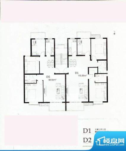 裕东公寓高层D1D2户面积:115.39m平米