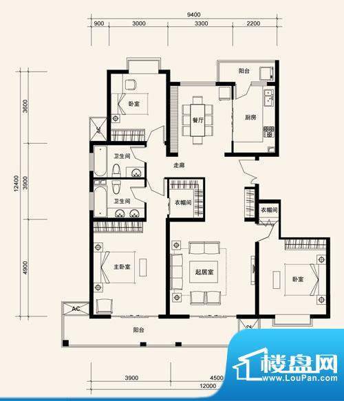 冠城水岸风景B户型 面积:145.00平米