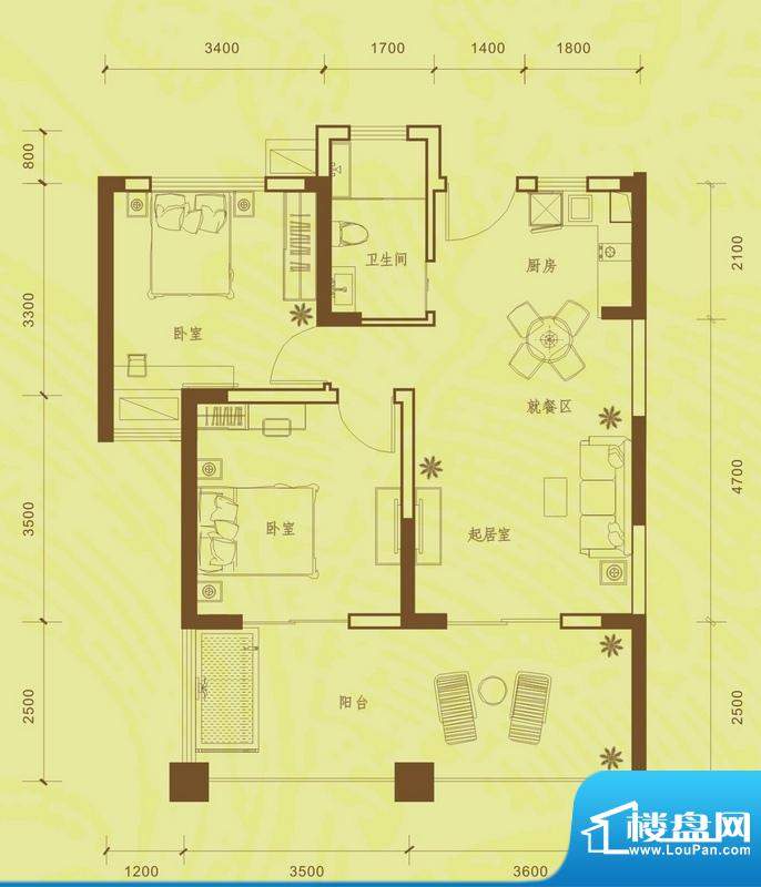 博鳌湾C户型 2室2厅面积:73.72平米