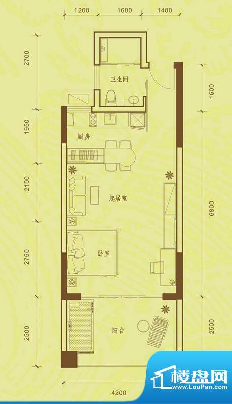 博鳌湾B户型 1室2厅面积:50.88平米