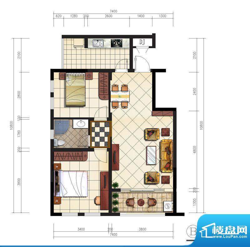 康郡美月小河两房户面积:79.40平米