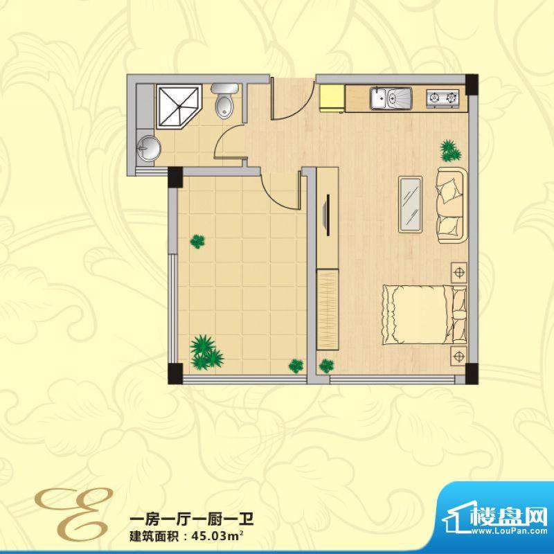 伟业莱茵半岛E户型 面积:45.03平米