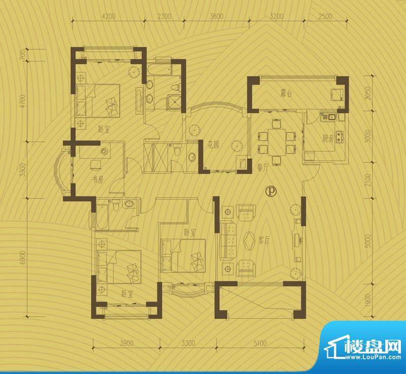 翡翠水城1#P户型 2室面积:89.92平米