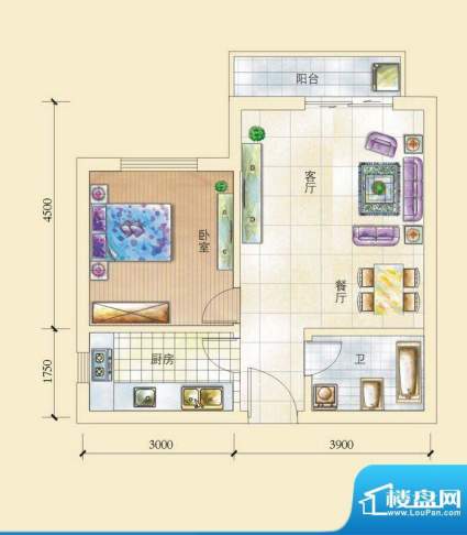 昌顺豪庭D户型 1室2面积:56.39平米