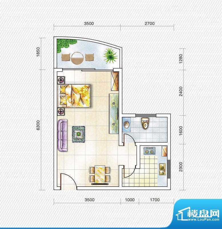 金山国际3#楼C1户型面积:44.00平米