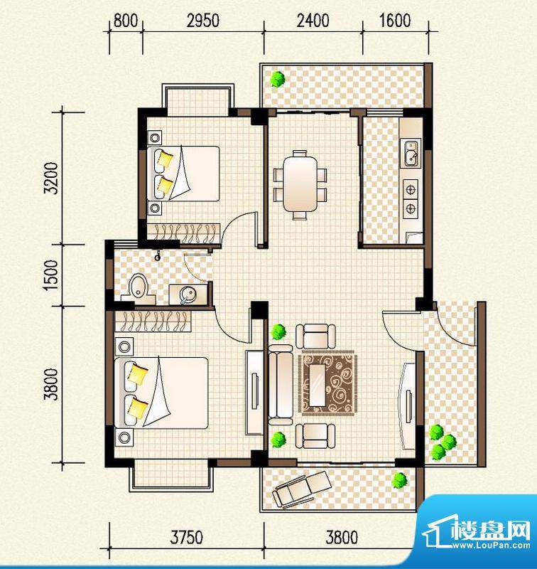 陆邦荣华园C户型图 面积:83.93平米