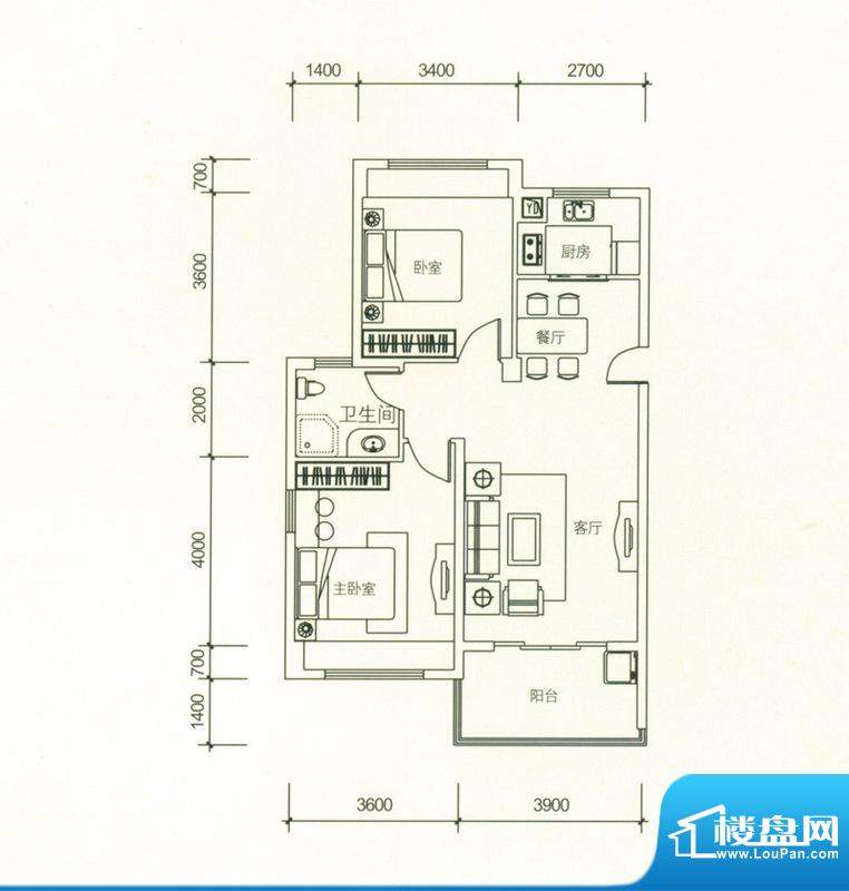 万泉明珠E-3户型 2室面积:95.97平米
