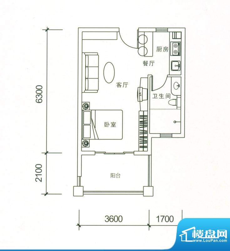 万泉明珠A-2户型 1室面积:51.72平米