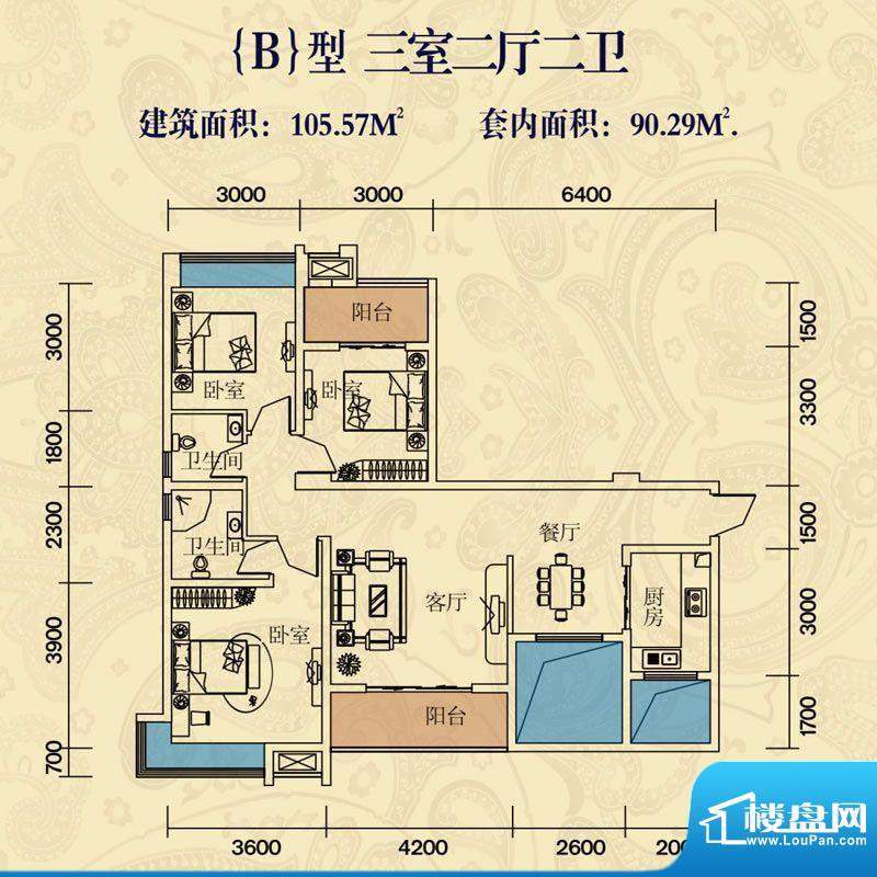 枫璟398A区枫璟398二面积:90.29平米