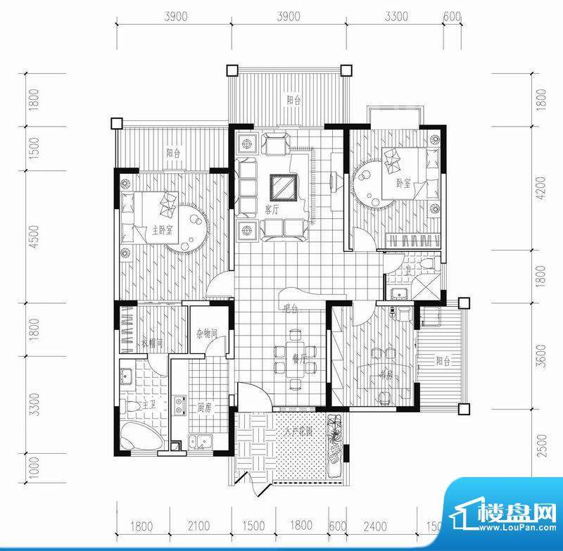 海涛花园D户型图 3室面积:142.02平米