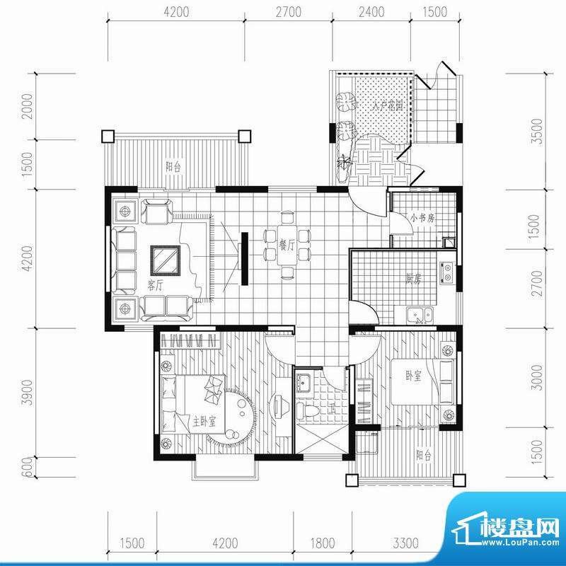 海涛花园E户型图 3室面积:107.48平米