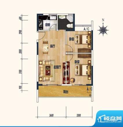 兰亭雅苑H户型 2室2面积:77.43平米