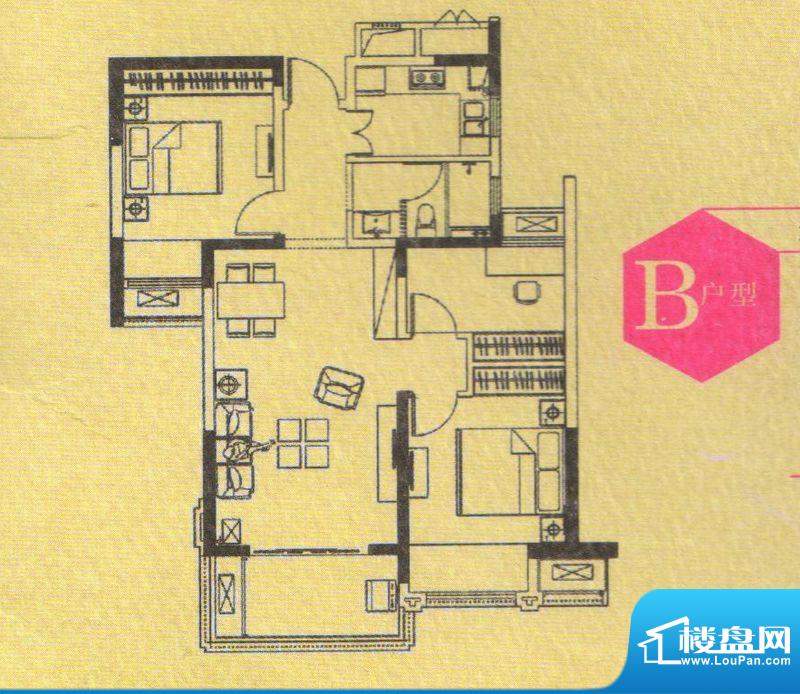 琥珀五环城B户型 3室面积:95.00平米