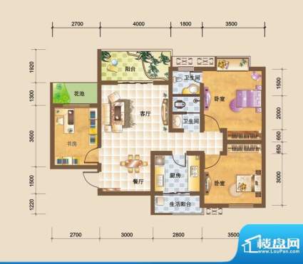 科大美林A户型图 3室面积:90.37平米