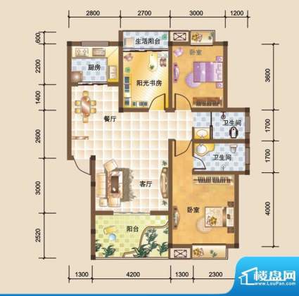 科大美林E户型图 3室面积:100.17平米