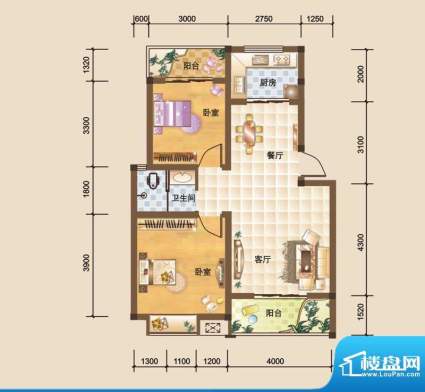 科大美林R户型图 2室面积:75.32平米