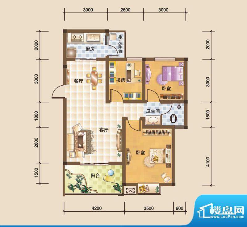 科大美林K户型图 3室面积:87.91平米