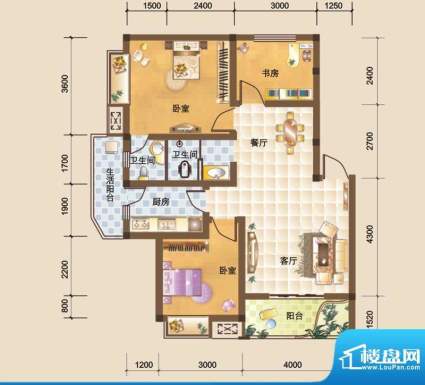 科大美林J户型图 3室面积:85.54平米