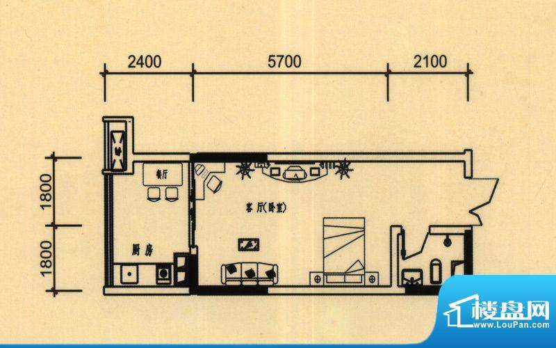 城市公馆D户型面积:49.77平米