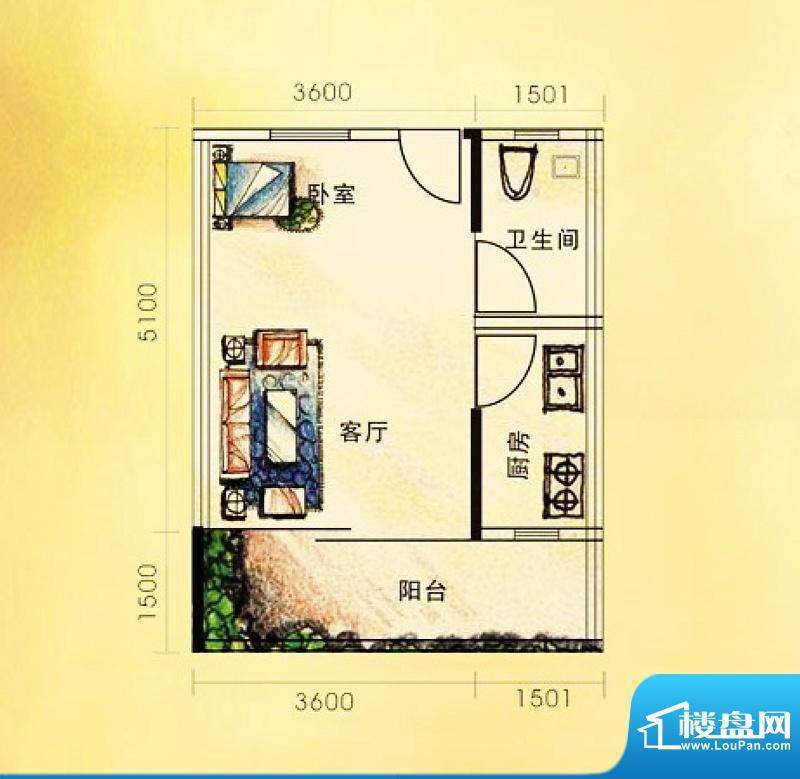 龙逸河畔标准户型三面积:35.00平米